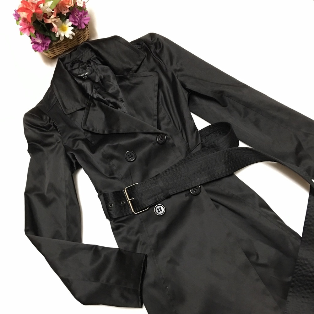 Bebe Black Trendy  Mutton Sleeve Trench Coat
